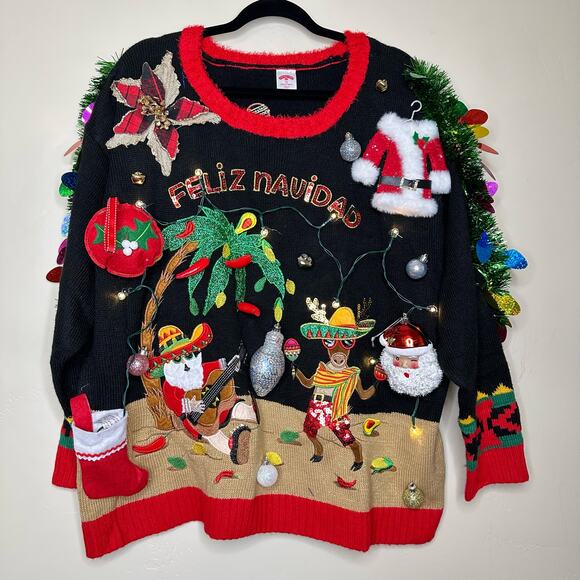 Ugly Christmas Sweater Feliz Navidad LIGHTS UP Tacky Tinsel Xmas Party Winner 1X - Picture 1 of 5